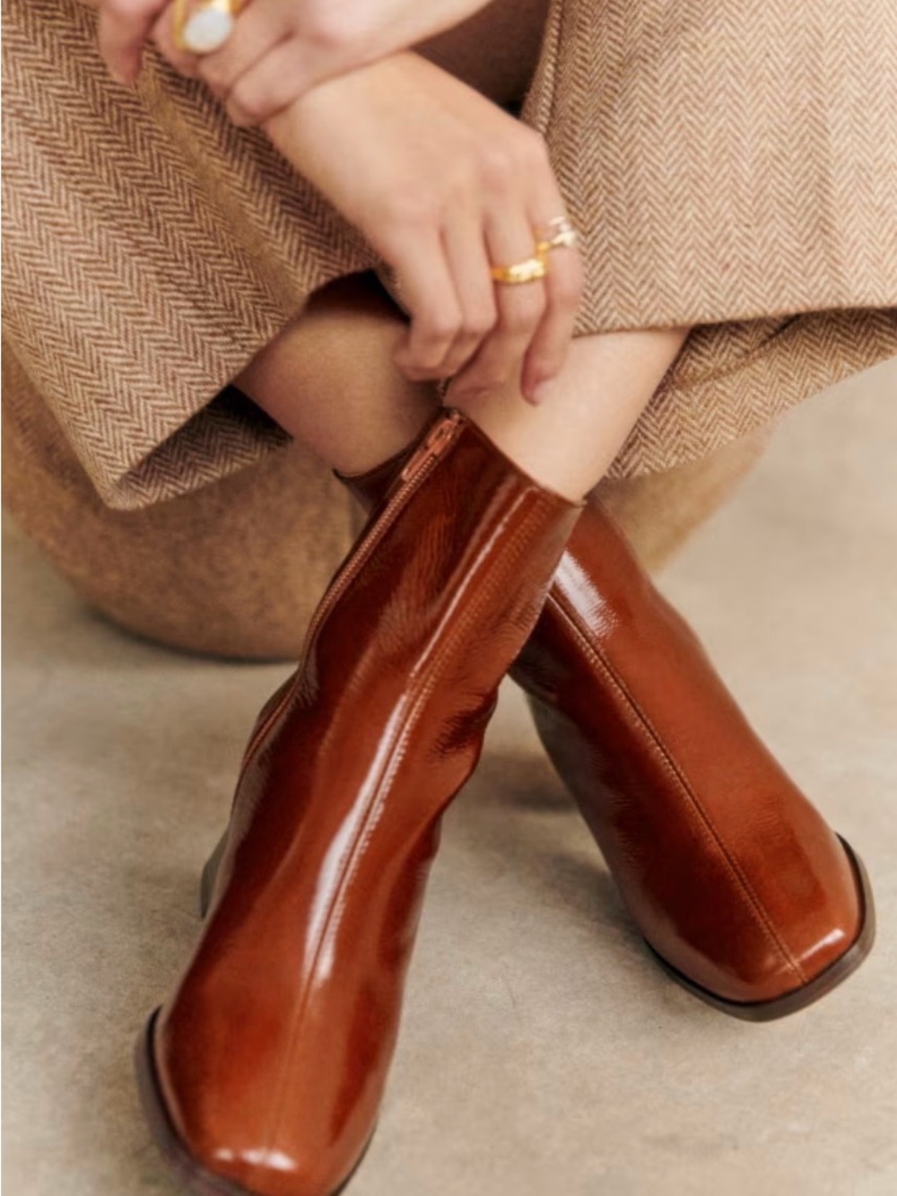 Sezane Glossy Cognac Patent Ankle Booties
